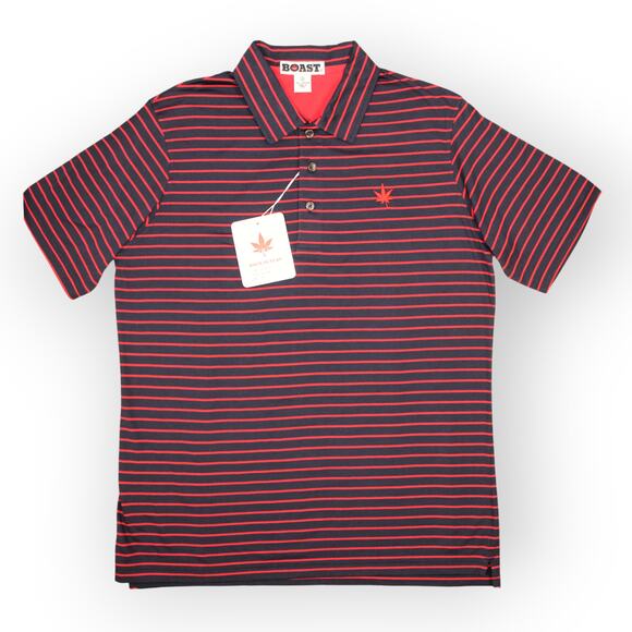 BOAST USA Men Medium Classic Jersey Striped Polo Shirt Navy Red Cotton Leaf Logo - Picture 6 of 14
